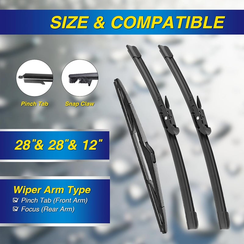 5PLUS ® Silicone Windshield Wipers Replacement for 2012 2013 2014 2015 2016 2017 2018 Ford Focus Wiper Blades(Set of 3),Automotive Replacement Windshield Wiper Blades For My Car-28"/28"/12" - Image 2